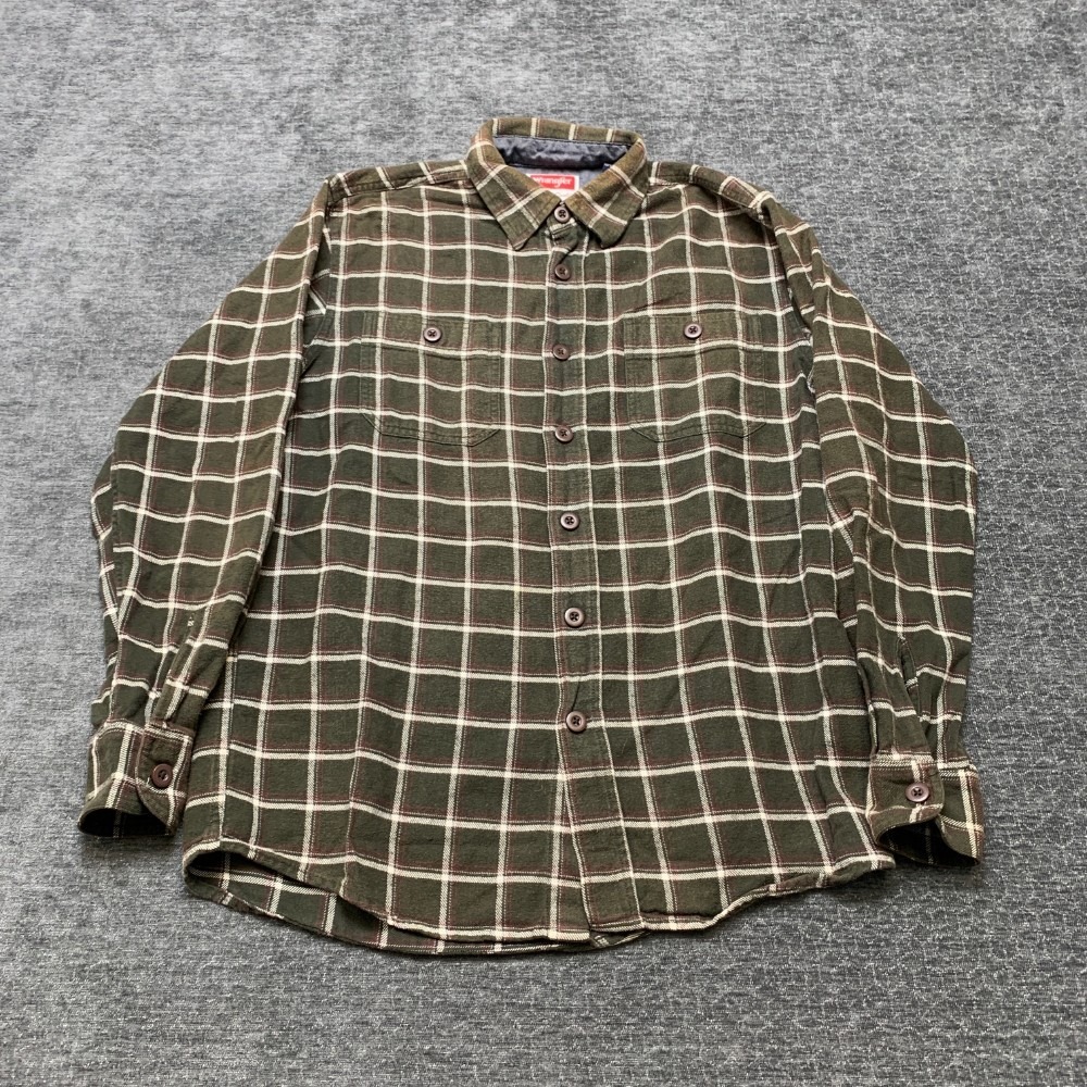 Wrangler Premium Quality Flannel Shirt Mens Small Green Plaid Cotton Button Up